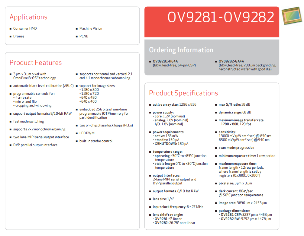 OV9282规格书技术参数表